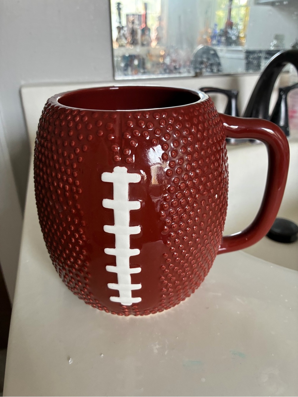 Large Ceramic Football Mug in Dark Red with White Laces